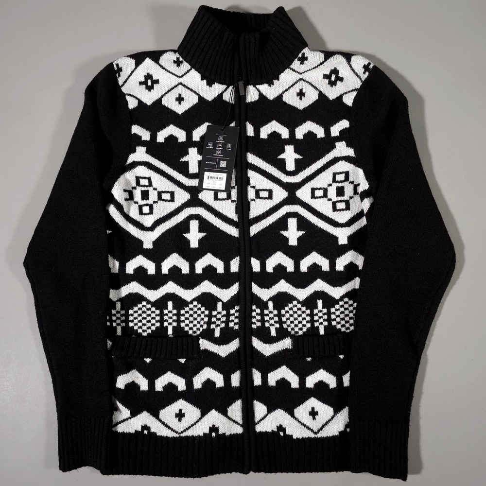 7 Diamonds Telluride Sweater Mens Medium Black White Full Zip Geometric Knit NEW